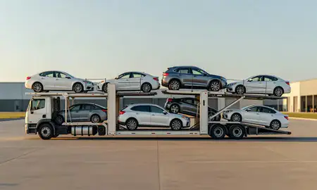 Car transporter parked in an industrial area of Topeka, Kansas, United States