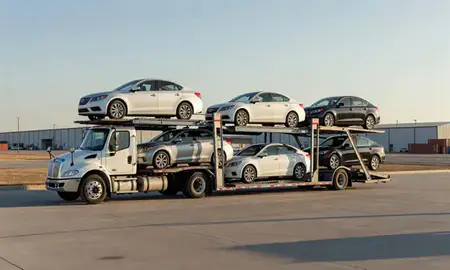 Car transporter loaded with vehicles in Topeka, Kansas, United States