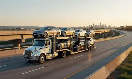 Car transporter with the Topeka, Kansas, United States skyline behind it