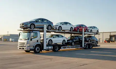 Car transporter loaded with vehicles in Wichita, Kansas, United States