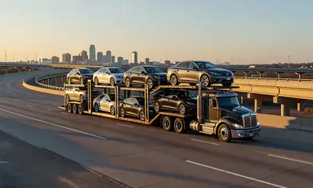 Car transporter with the Wichita, Kansas, United States skyline behind it