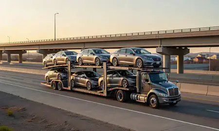 Car transporter with the Kentucky, United States skyline behind it