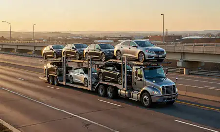 Car transporter with the Ashland, Kentucky, United States skyline behind it