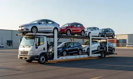 Car transporter loaded with vehicles in Berea, Kentucky, United States