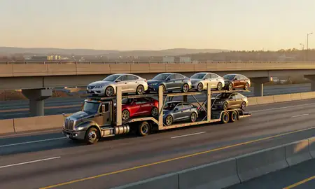 Car transporter with the Berea, Kentucky, United States skyline behind it