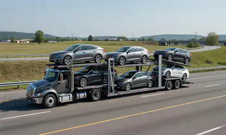 Multi-level car carrier on the highway to Bowling Green, Kentucky, United States