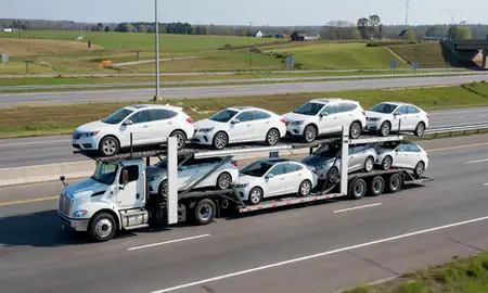 Multi-level car carrier on the highway to Burlington, Kentucky, United States