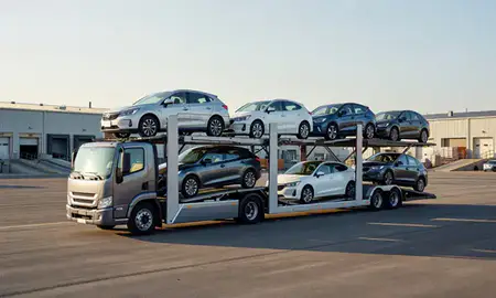 Car transporter loaded with vehicles in Burlington, Kentucky, United States