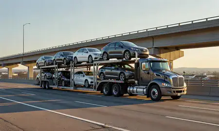 Car transporter with the Burlington, Kentucky, United States skyline behind it