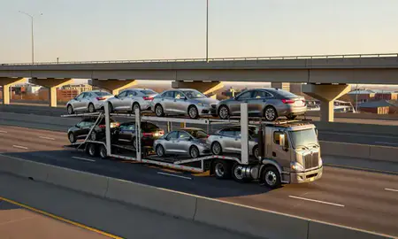 Car transporter with the Covington, Kentucky, United States skyline behind it