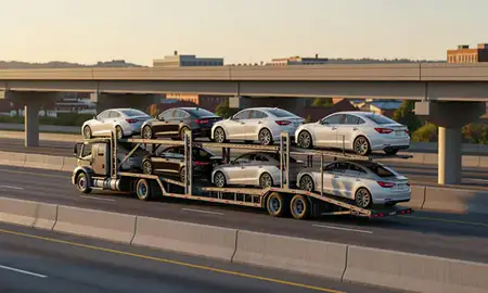 Car transporter with the Danville, Kentucky, United States skyline behind it