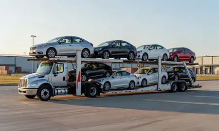 Car transporter loaded with vehicles in Elizabethtown, Kentucky, United States