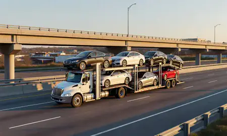 Car transporter with the Elizabethtown, Kentucky, United States skyline behind it