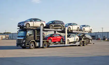 Car transporter loaded with vehicles in Erlanger, Kentucky, United States