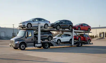 Car transporter loaded with vehicles in Florence, Kentucky, United States