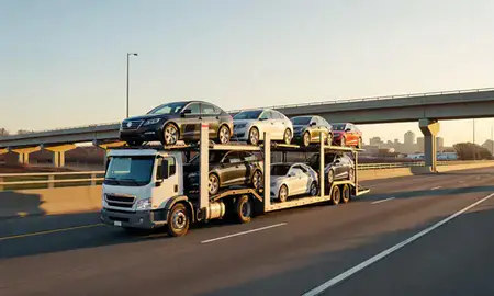 Car transporter with the Florence, Kentucky, United States skyline behind it