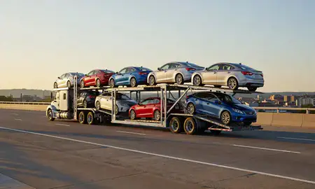 Car transporter with the Fort Thomas, Kentucky, United States skyline behind it