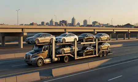 Car transporter with the Frankfort, Kentucky, United States skyline behind it