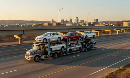 Car transporter with the Georgetown, Kentucky, United States skyline behind it