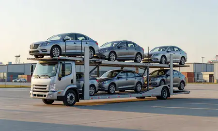 Car transporter loaded with vehicles in Henderson, Kentucky, United States