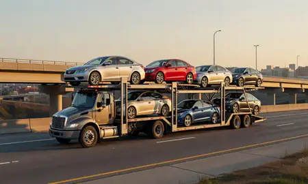 Car transporter with the Henderson, Kentucky, United States skyline behind it