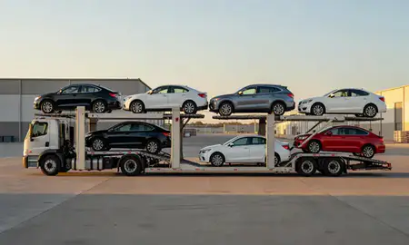 Car transporter parked in an industrial area of Independence, Kentucky, United States