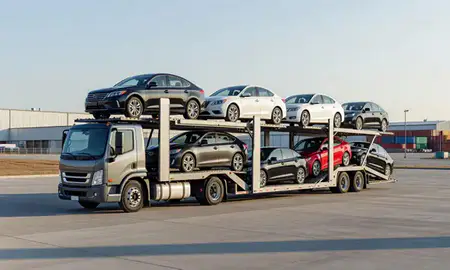 Car transporter loaded with vehicles in Independence, Kentucky, United States