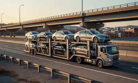 Car transporter with the Independence, Kentucky, United States skyline behind it