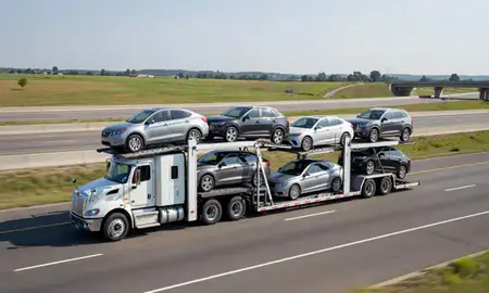 Multi-level car carrier on the highway to Jeffersontown, Kentucky, United States
