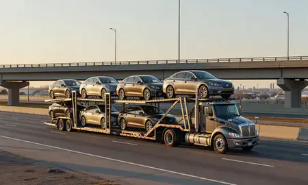 Car transporter with the Jeffersontown, Kentucky, United States skyline behind it