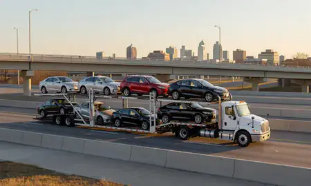 Car transporter with the Lexington, Kentucky, United States skyline behind it