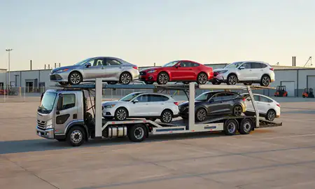 Car transporter loaded with vehicles in Louisville, Kentucky, United States