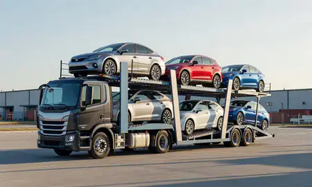 Car transporter loaded with vehicles in Madisonville, Kentucky, United States