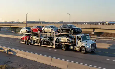 Car transporter with the Madisonville, Kentucky, United States skyline behind it
