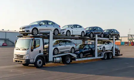 Car transporter loaded with vehicles in Mount Washington, Kentucky, United States