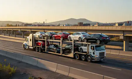 Car transporter with the Mount Washington, Kentucky, United States skyline behind it