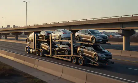 Car transporter with the Murray, Kentucky, United States skyline behind it