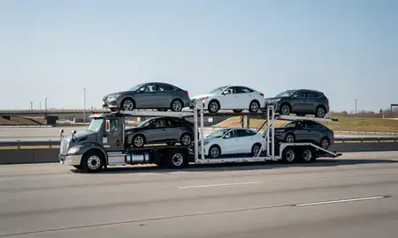 Multi-level car carrier on the highway to Owensboro, Kentucky, United States