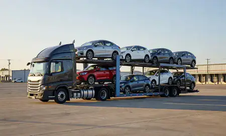 Car transporter loaded with vehicles in Owensboro, Kentucky, United States
