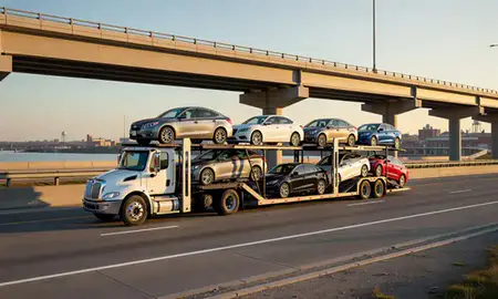 Car transporter with the Owensboro, Kentucky, United States skyline behind it