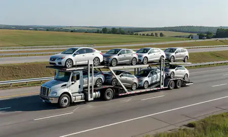 Multi-level car carrier on the highway to Paducah, Kentucky, United States