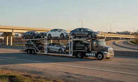 Car transporter with the Paducah, Kentucky, United States skyline behind it