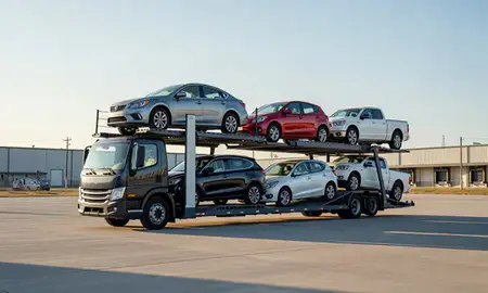 Car transporter loaded with vehicles in Radcliff, Kentucky, United States