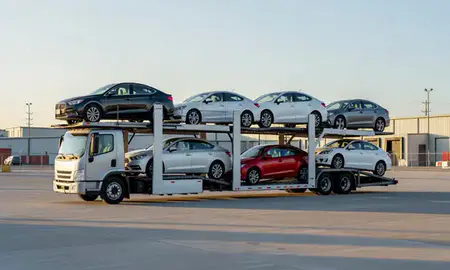Car transporter loaded with vehicles in Richmond, Kentucky, United States