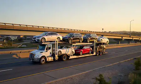 Car transporter with the Richmond, Kentucky, United States skyline behind it