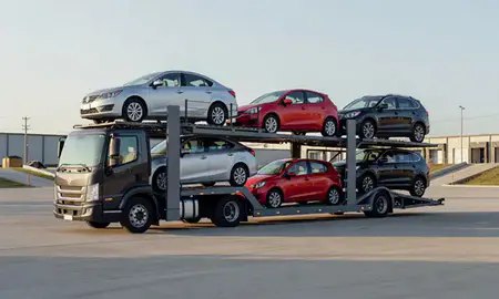 Car transporter loaded with vehicles in Shelbyville, Kentucky, United States