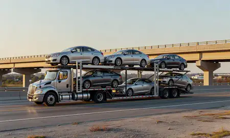 Car transporter with the Shelbyville, Kentucky, United States skyline behind it