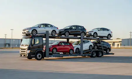 Car transporter loaded with vehicles in Shively, Kentucky, United States