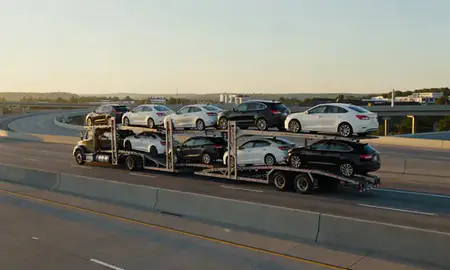 Car transporter with the Shively, Kentucky, United States skyline behind it