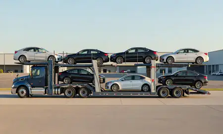 Car transporter parked in an industrial area of St. Matthews, Kentucky, United States